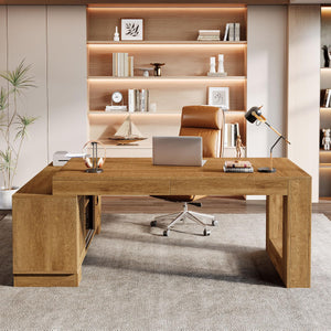 L-Shaped Executive Desk with Storage Cabinets & 2-Tier Shelf