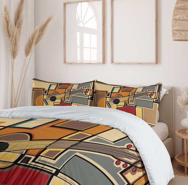 Queen Duvet Cover Set — Guitar Geometric Print, Pale Yellow, 3-Piece
