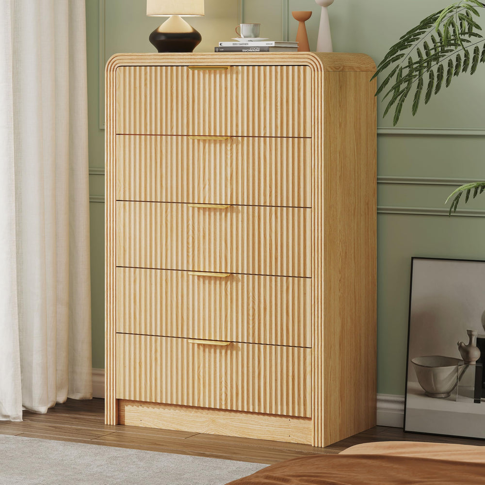 5-Drawer Fluted Dresser — Modern Chest of Drawers with Metal Handles