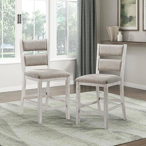 Upholstered Dining Bench with Wood Frame – Light Gray Fabric, Antique White Finish
