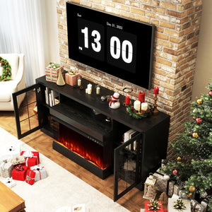63" Fireplace TV Stand with 3-Sided Electric Fireplace & Glass Door Storage