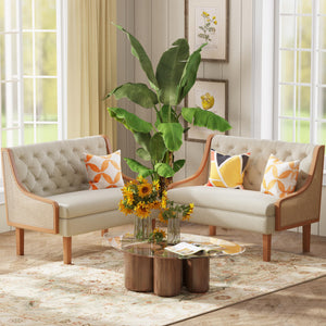 Mid-Century Modern Loveseat Sofa with Natural Rattan Arms & Upholstered Cushions