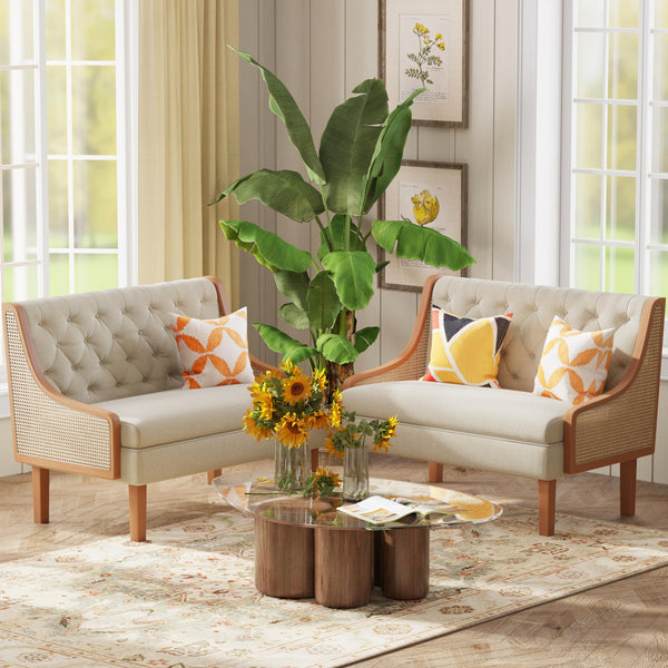 Mid-Century Modern Loveseat Sofa with Natural Rattan Arms & Upholstered Cushions