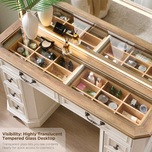 48-Inch Farmhouse Vanity Desk with Lighted Mirror and 8 Drawers