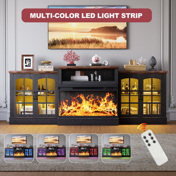97" Farmhouse Fireplace TV Stand with 3-Sided Electric Fireplace & Storage Cabinets