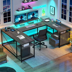 U-Shaped Computer Desk with Power Outlets, LED Lights & Storage
