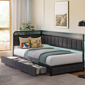 Corner Bed Frame with Storage Drawers, LED Lights & Charging Station