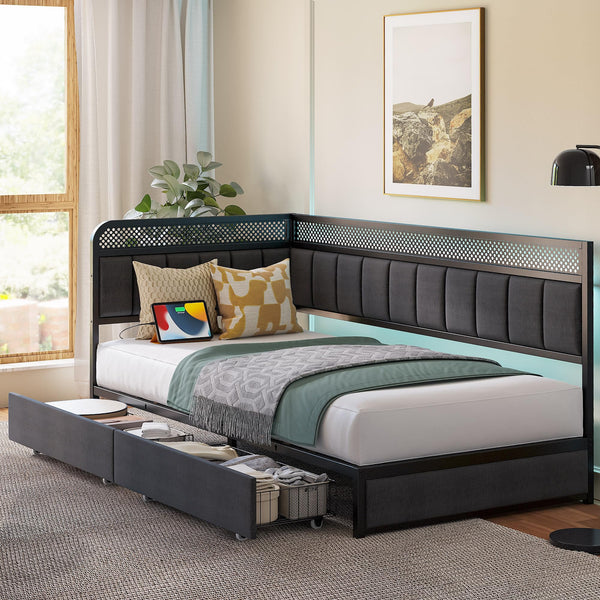 Corner Bed Frame with Storage Drawers, LED Lights & Charging Station