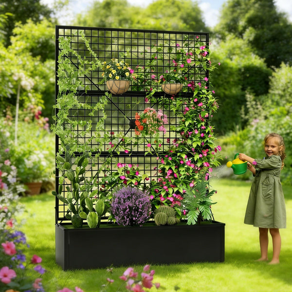 Metal Raised Garden Bed with Trellis & Privacy Screen – Outdoor Planter Box