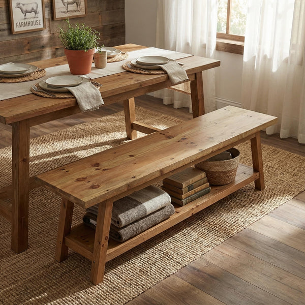Solid Wood Farmhouse Dining Bench with Storage Shelf