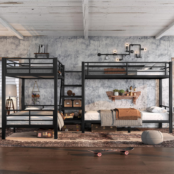 L-Shaped Metal Quad Bunk Bed with Stairs – Twin Size for 4