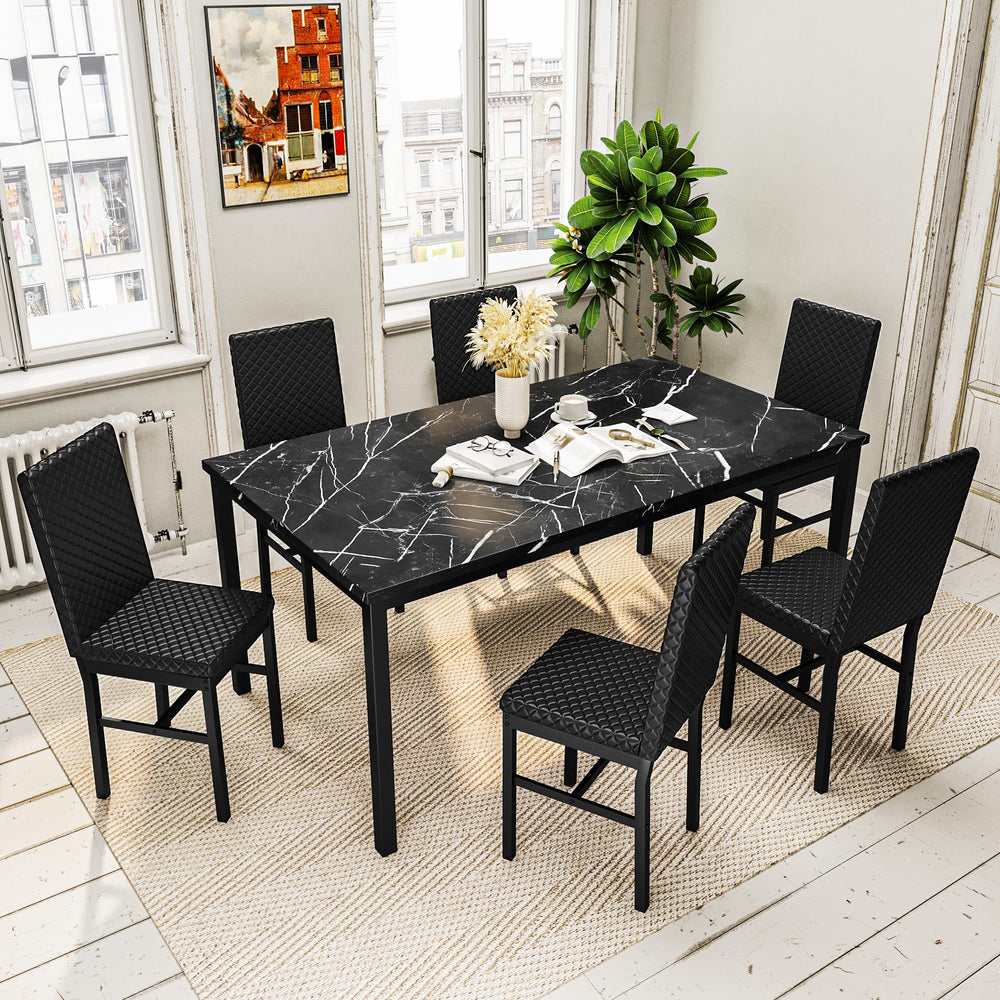 7-Piece Faux Marble Dining Table Set for 6 with PU Leather Chairs
