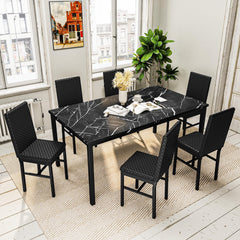 7-Piece Faux Marble Dining Table Set for 6 with PU Leather Chairs