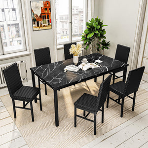 7-Piece Faux Marble Dining Table Set for 6 with PU Leather Chairs