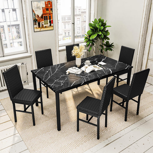 7-Piece Faux Marble Dining Table Set for 6 with PU Leather Chairs