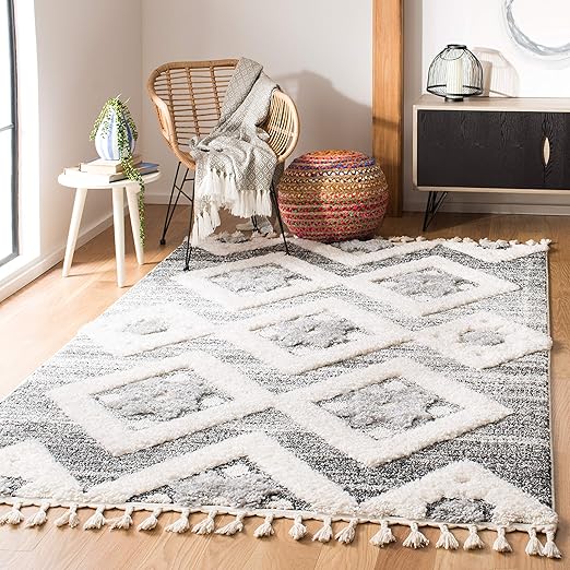 Moroccan Tassel Shag Area Rug 5'3" x 7'6" – Boho Diamond Trellis, Non-Shedding Plush Pile