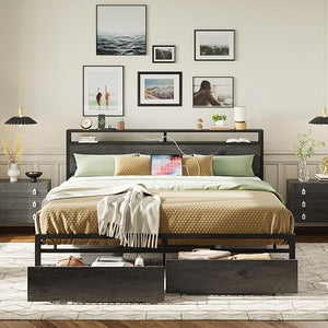King Bed Frame with Storage Headboard, 2 Drawers & Charging Station