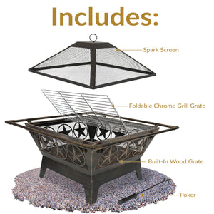 Square Outdoor Wood-Burning Fire Pit with Grill Grate, Spark Screen & Poker