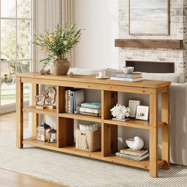 63-Inch Solid Wood Console Table with 6 Storage Cubes