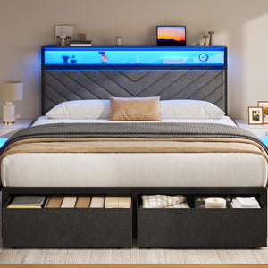 Queen Bed Frame with Storage Drawers, LED Lights & Charging Station