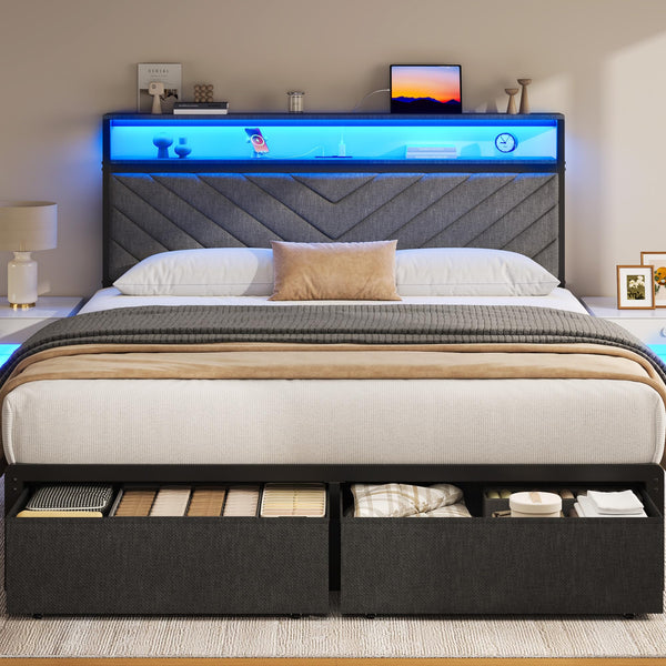 Queen Bed Frame with Storage Drawers, LED Lights & Charging Station