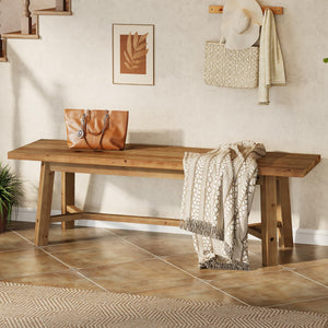 55 Inch Solid Wood Farmhouse Bench – Rustic Brown