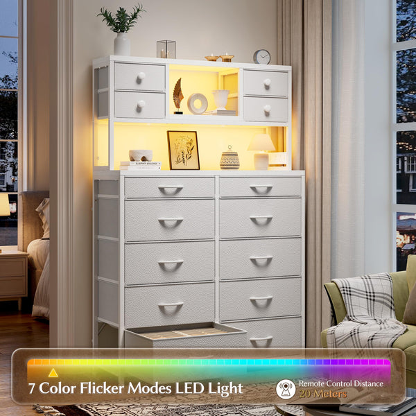 62.8" H Bedroom Dresser with 14 Fabric Drawers, LED Lights & Charging Station