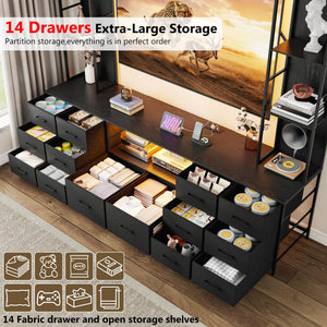 96" Wall Unit Entertainment Center with 14 Fabric Drawers, LED Lights & Power Outlets