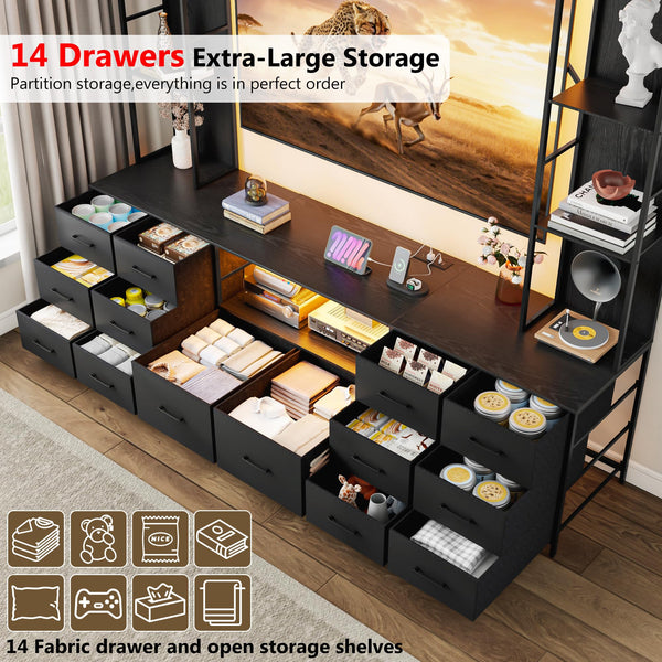 96" Wall Unit Entertainment Center with 14 Fabric Drawers, LED Lights & Power Outlets