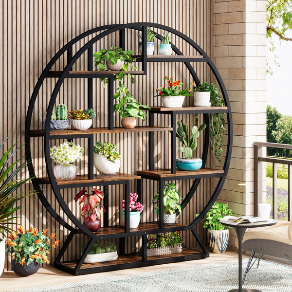 Round Etagere Bookcase with Staggered Shelves, 63" Industrial Bookshelf