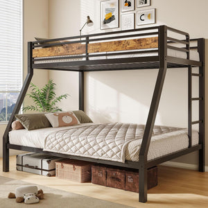 Heavy Duty Metal Bunk Bed Twin Over Full with Safety Guardrail & Ladder