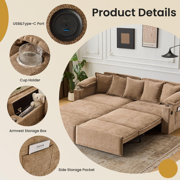 King Size Pull Out Sofa Bed – 3-in-1 Convertible Sleeper Sofa with Storage & USB Ports