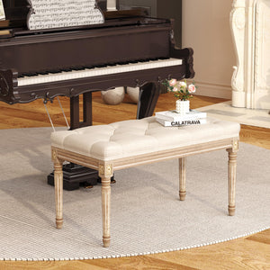Upholstered Vanity Bench with Button Tufting & Carved Wood Legs