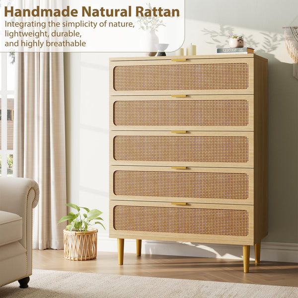 5-Drawer Rattan Dresser with Wide Top