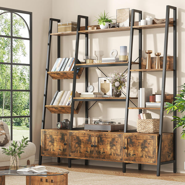 Ladder Bookshelf with 4 Doors & 12 Open Shelves