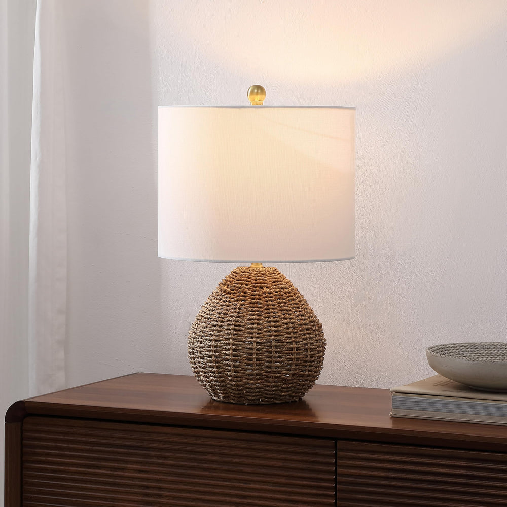 Brown Rattan LED Table Lamp with White Linen Drum Shade