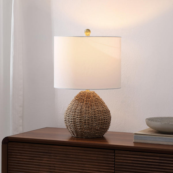 Brown Rattan & Iron LED Table Lamp with White Linen Drum Shade