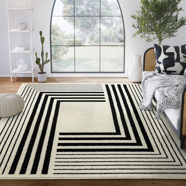 Geometric Beige & Black Area Rug | Modern 3D Lines | Medium Pile