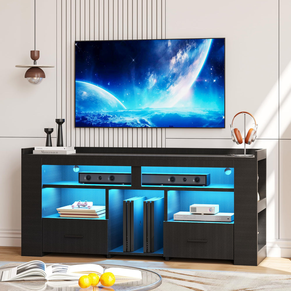 TV Stand with Drawers, LED Lights & Charging Station for 50–70 Inch TVs