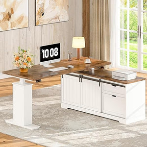 L-Shaped Electric Standing Desk with Storage Cabinet & File Drawer