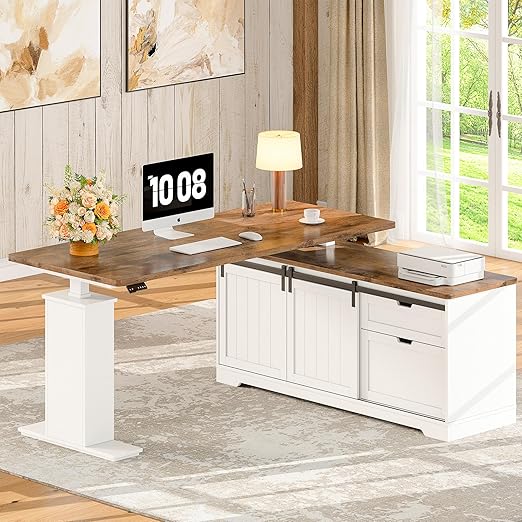 L-Shaped Electric Standing Desk with Storage Cabinet & File Drawer