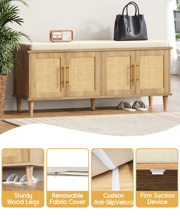 Rattan Shoe Storage Bench with Cushion