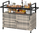 Outdoor Bar Cart with Storage Cabinet & Glass Top