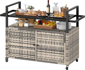 Outdoor Bar Cart with Storage Cabinet & Glass Top