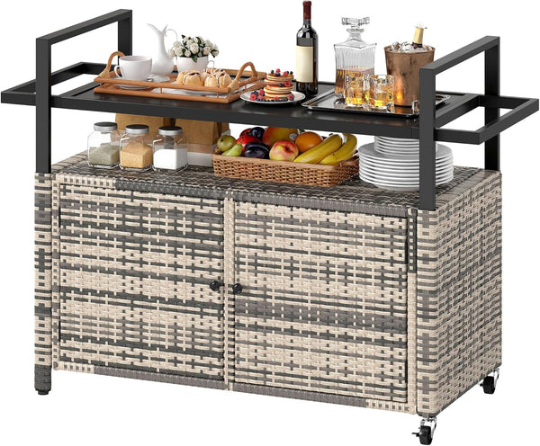 Outdoor Bar Cart with Storage Cabinet & Glass Top