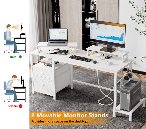 47" Computer Desk with File Cabinet, Power Outlets & Monitor Stands