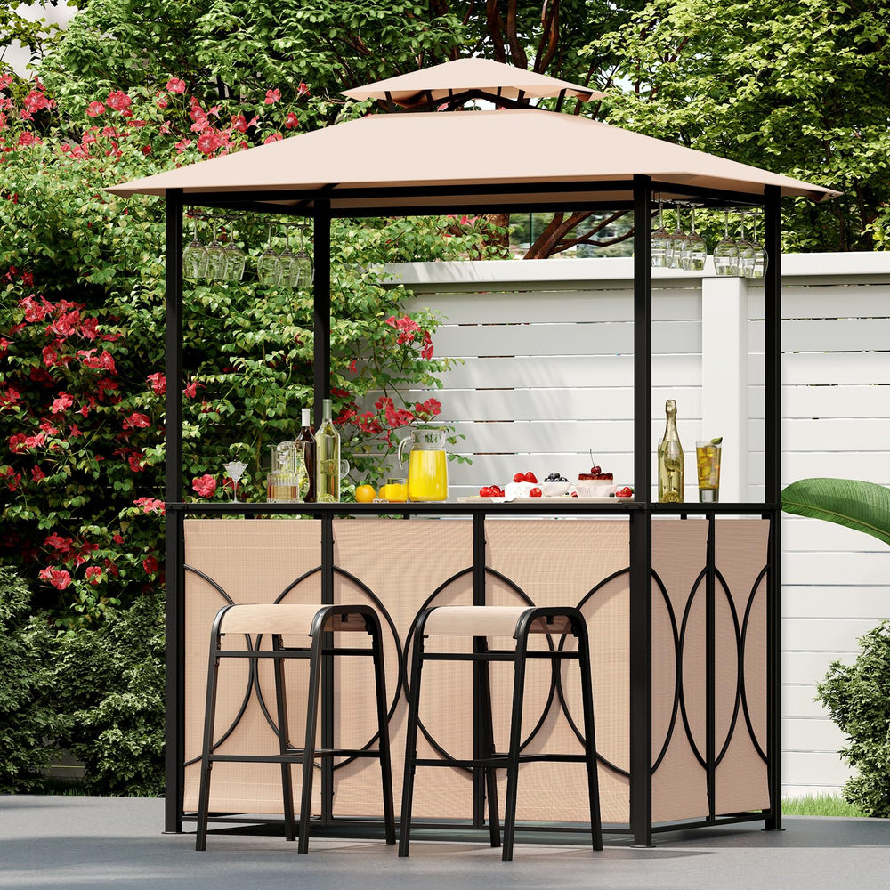 3-Piece Outdoor Patio Bar Set with Grill Gazebo & Bar Stools