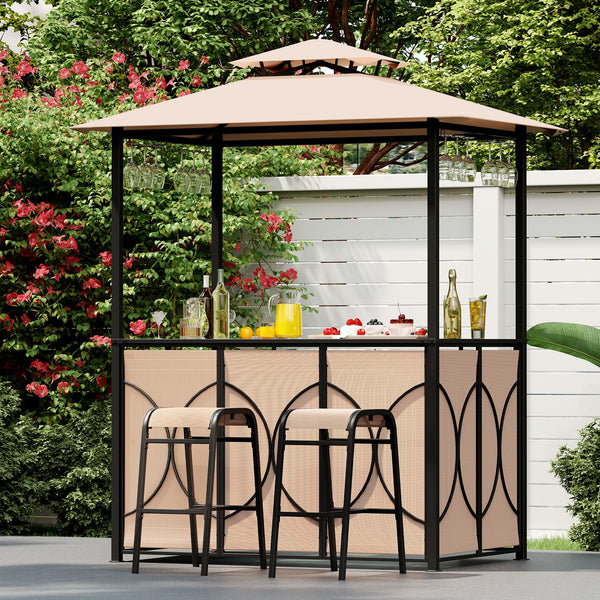 3-Piece Outdoor Patio Bar Set with Grill Gazebo & Bar Stools