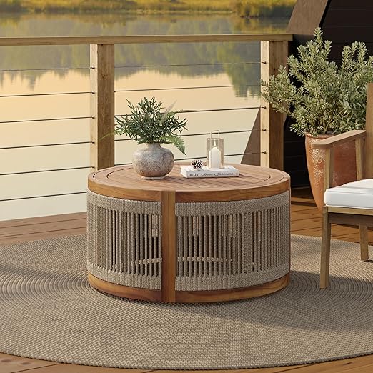 Acacia Wood Outdoor Side Table with Rope Weave