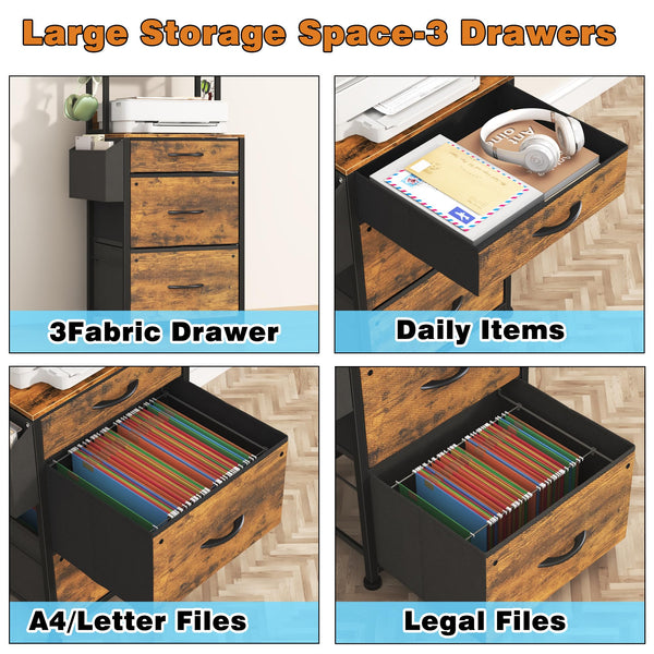 3-Drawer File Cabinet with Charging Station & 4-Tier Bookshelf